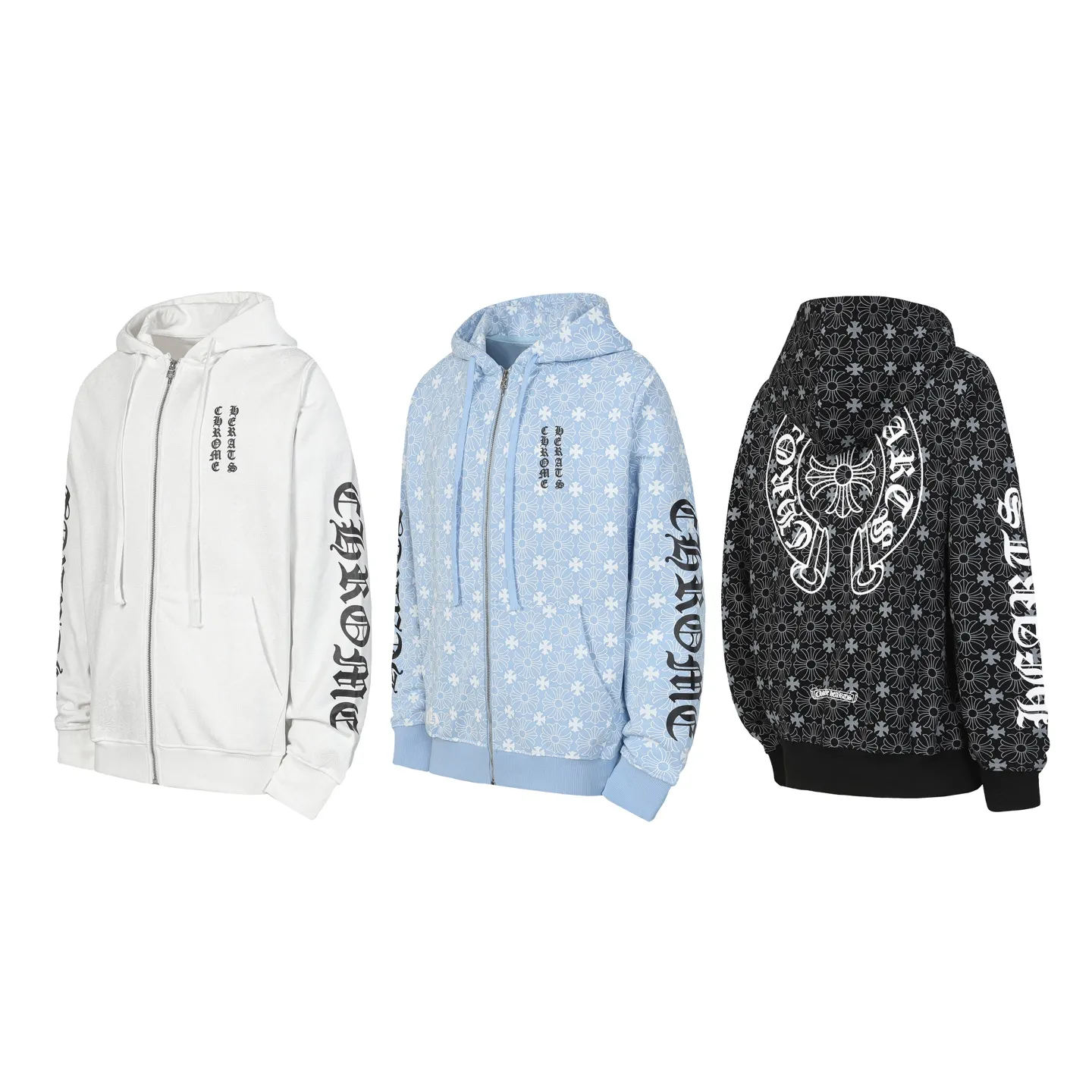 P300 cross-border model, please do not place an order if you are pursuing quality - Chrome Hearts/Chrome Hearts Sanskrit Dark Pattern Horseshoe Sanskrit Cross ✝️ Printed Zipper Sweater Cardigan Jacket - High weight, high density and high quality. The wool is soft, delicate and skin-friendly. It feels soft and silky. It has excellent warmth and skin-friendly properties. - Custom-woven and custom-dyed, no color difference. No matter the fabric or workmanship details, it beats the ordinary version on the market. - Hardware zipper accessories are all customized and full of details. -Colour: Black White Blue -Size: S M L XL